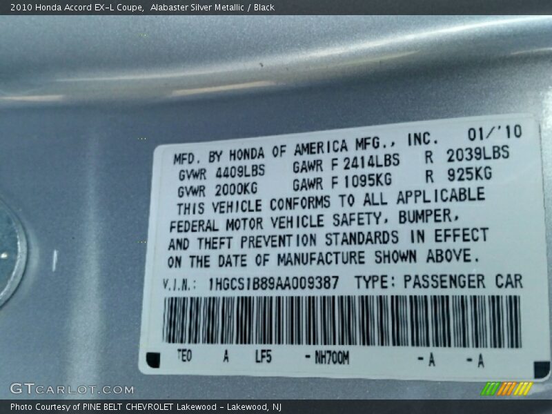 Alabaster Silver Metallic / Black 2010 Honda Accord EX-L Coupe