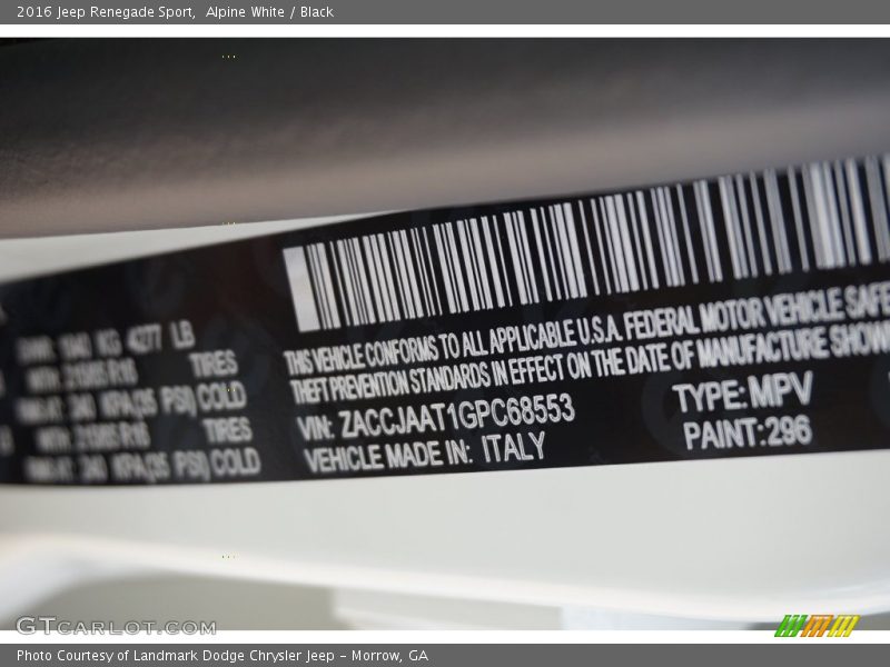 2016 Renegade Sport Alpine White Color Code 296