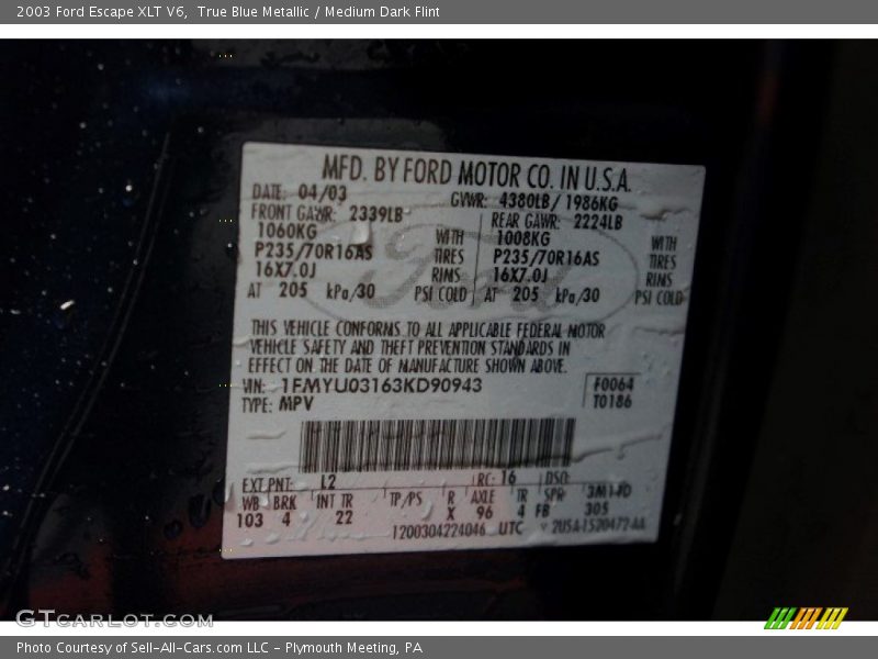 True Blue Metallic / Medium Dark Flint 2003 Ford Escape XLT V6