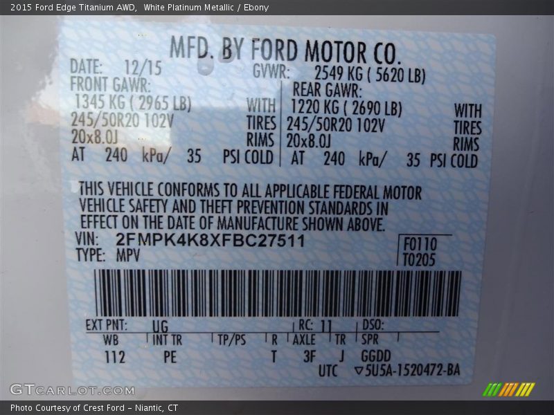 White Platinum Metallic / Ebony 2015 Ford Edge Titanium AWD