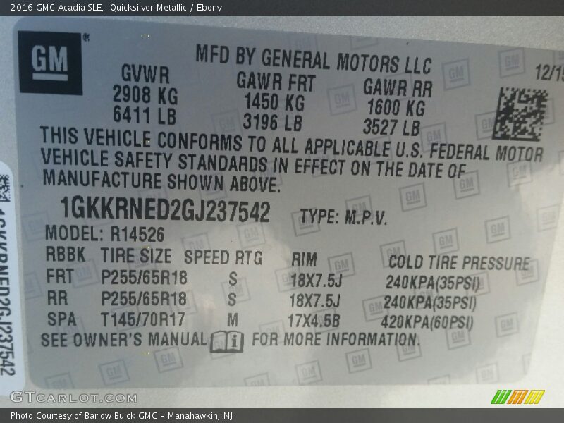 Quicksilver Metallic / Ebony 2016 GMC Acadia SLE