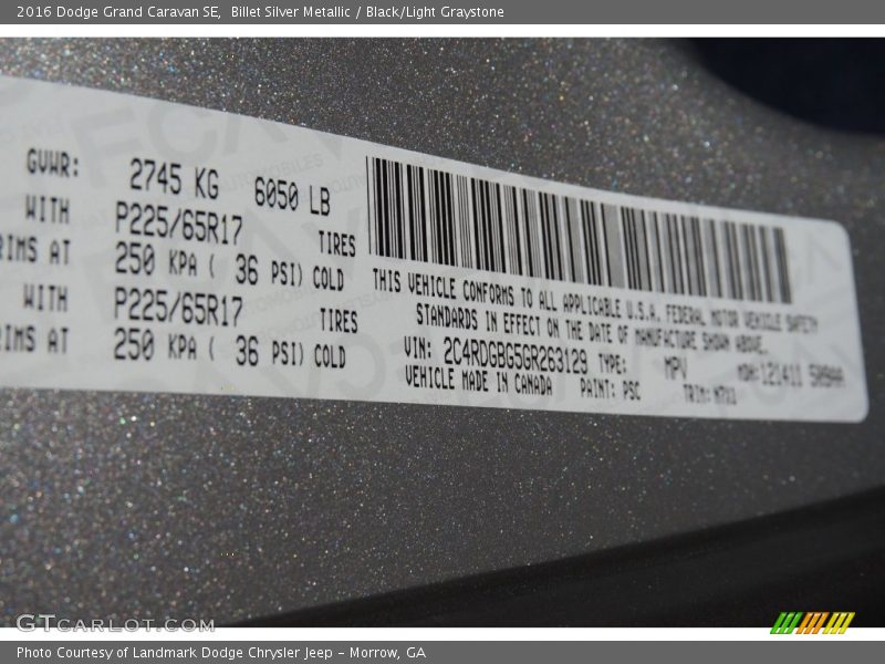 Billet Silver Metallic / Black/Light Graystone 2016 Dodge Grand Caravan SE