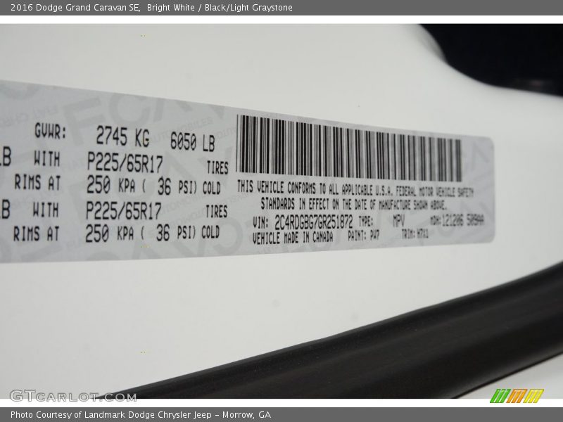 Bright White / Black/Light Graystone 2016 Dodge Grand Caravan SE