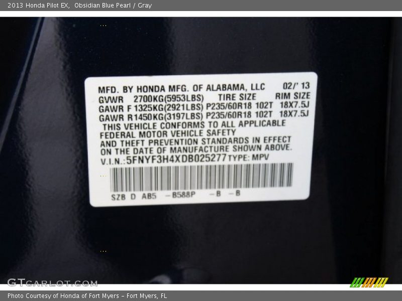 Obsidian Blue Pearl / Gray 2013 Honda Pilot EX