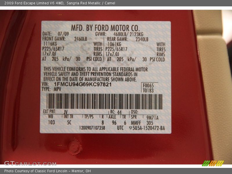 Sangria Red Metallic / Camel 2009 Ford Escape Limited V6 4WD