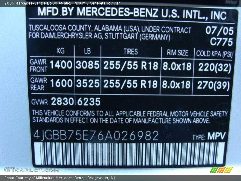 Iridium Silver Metallic / Ash 2006 Mercedes-Benz ML 500 4Matic