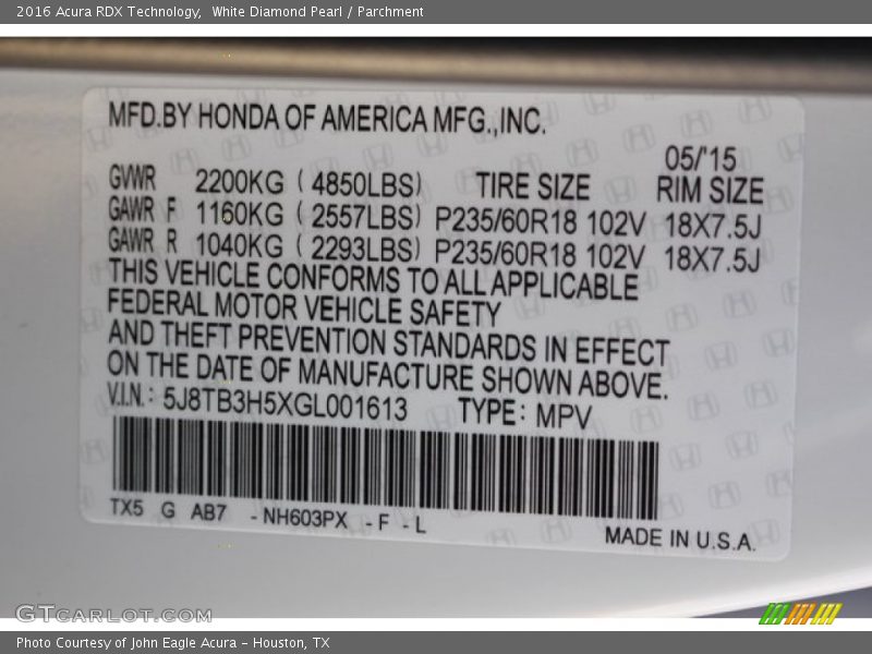 White Diamond Pearl / Parchment 2016 Acura RDX Technology