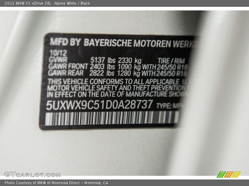 Alpine White / Black 2013 BMW X3 xDrive 28i