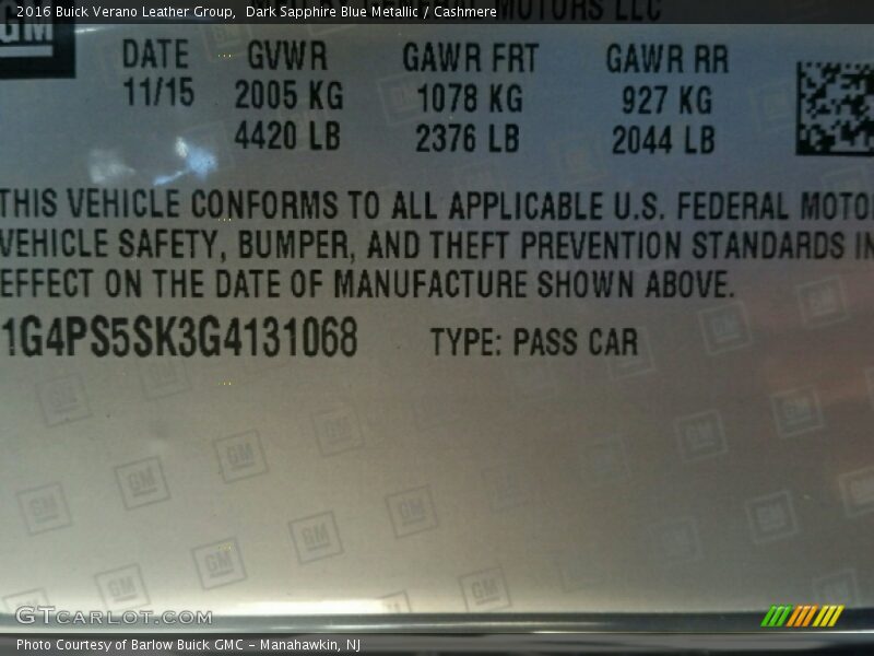 Dark Sapphire Blue Metallic / Cashmere 2016 Buick Verano Leather Group