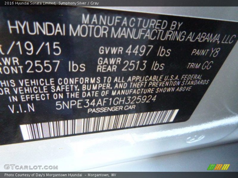 Symphony Silver / Gray 2016 Hyundai Sonata Limited