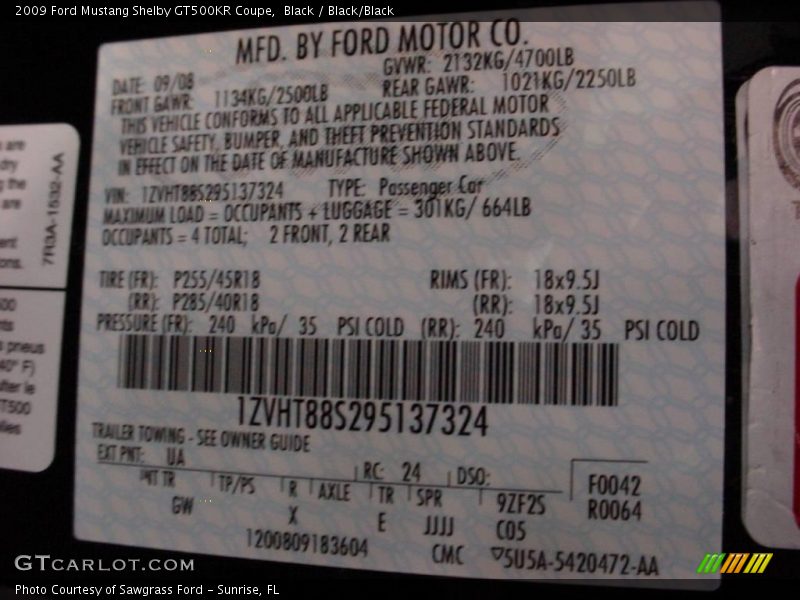 Black / Black/Black 2009 Ford Mustang Shelby GT500KR Coupe