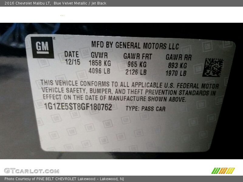 Blue Velvet Metallic / Jet Black 2016 Chevrolet Malibu LT