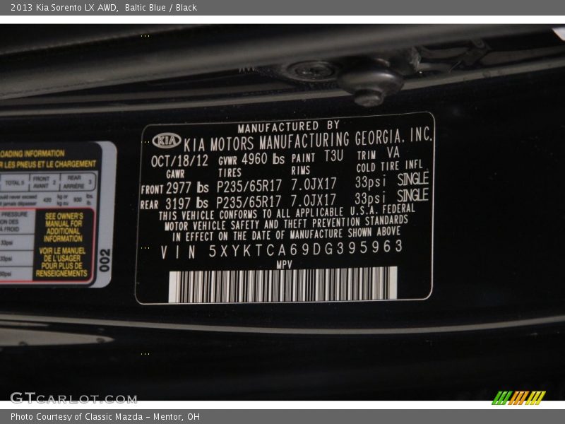 Baltic Blue / Black 2013 Kia Sorento LX AWD