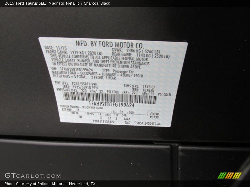 Magnetic Metallic / Charcoal Black 2015 Ford Taurus SEL