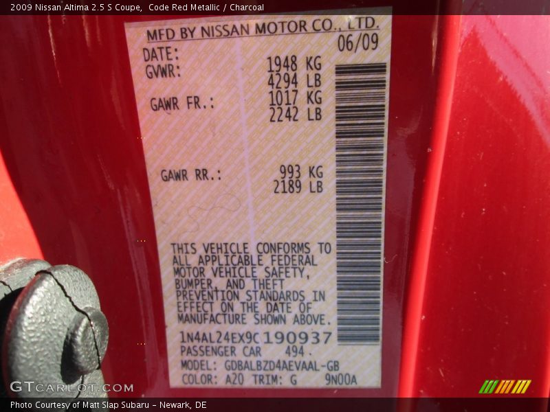 Code Red Metallic / Charcoal 2009 Nissan Altima 2.5 S Coupe