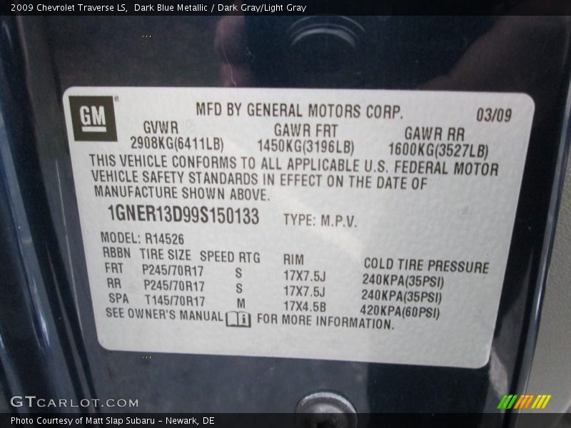 Dark Blue Metallic / Dark Gray/Light Gray 2009 Chevrolet Traverse LS