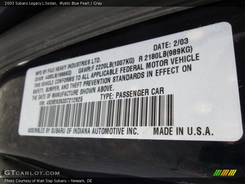 Mystic Blue Pearl / Gray 2003 Subaru Legacy L Sedan