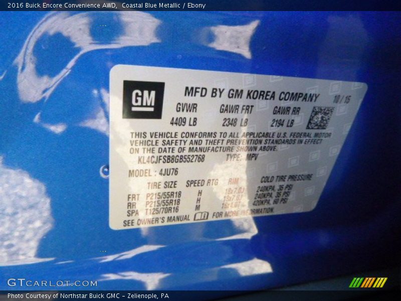 Coastal Blue Metallic / Ebony 2016 Buick Encore Convenience AWD
