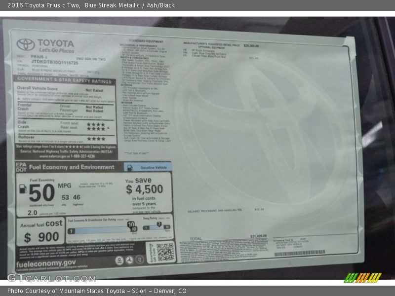 Blue Streak Metallic / Ash/Black 2016 Toyota Prius c Two
