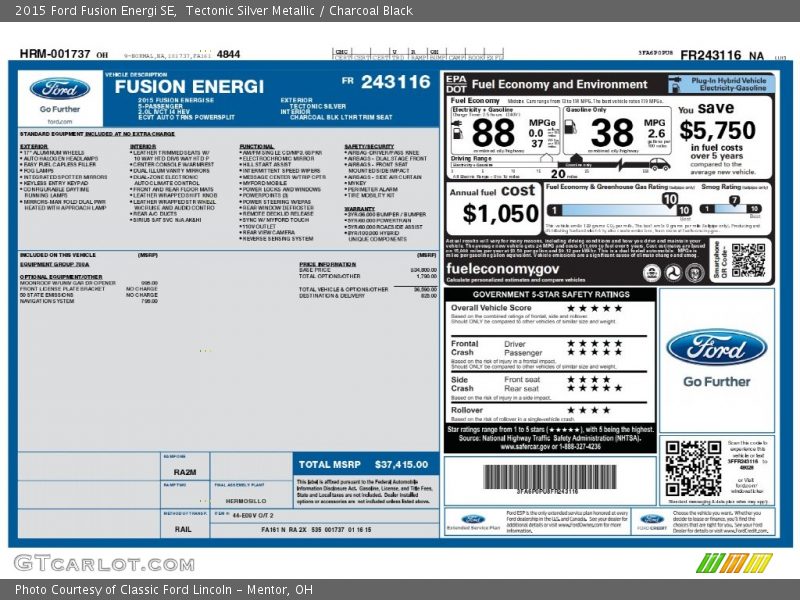 Tectonic Silver Metallic / Charcoal Black 2015 Ford Fusion Energi SE