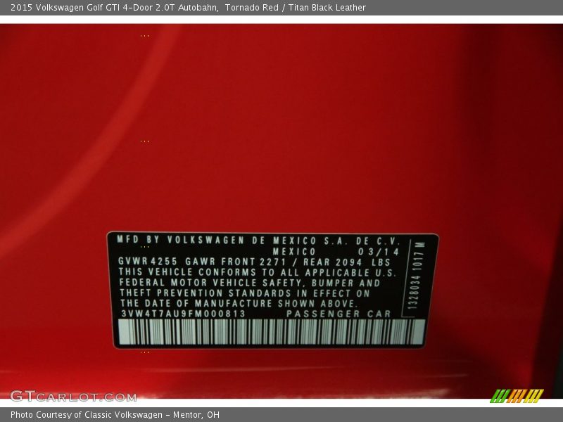 Tornado Red / Titan Black Leather 2015 Volkswagen Golf GTI 4-Door 2.0T Autobahn