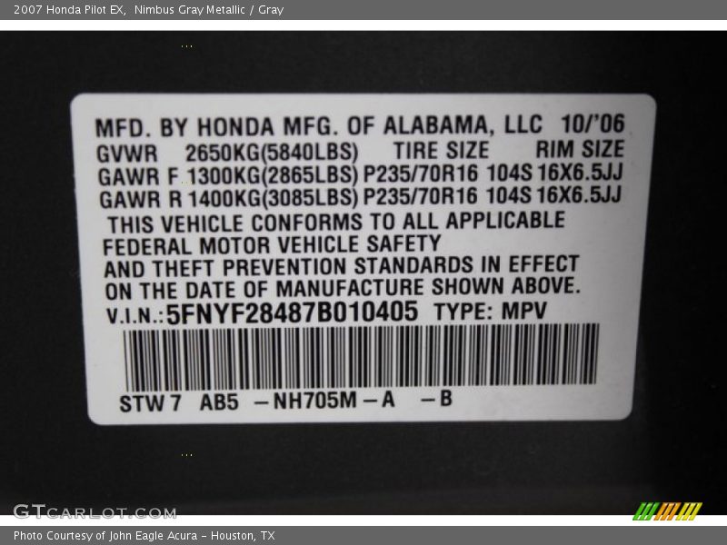 Nimbus Gray Metallic / Gray 2007 Honda Pilot EX