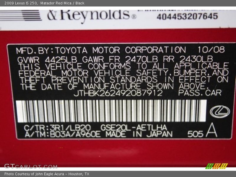 Matador Red Mica / Black 2009 Lexus IS 250