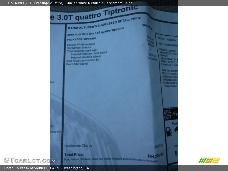 Glacier White Metallic / Cardamom Beige 2015 Audi Q7 3.0 Prestige quattro