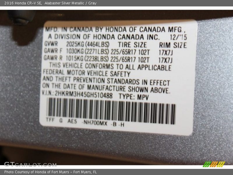 Alabaster Silver Metallic / Gray 2016 Honda CR-V SE