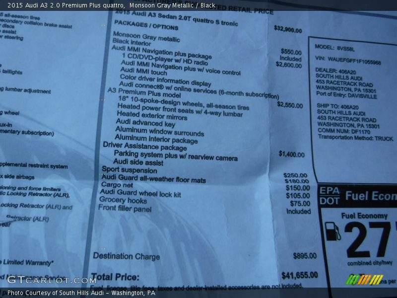 Monsoon Gray Metallic / Black 2015 Audi A3 2.0 Premium Plus quattro