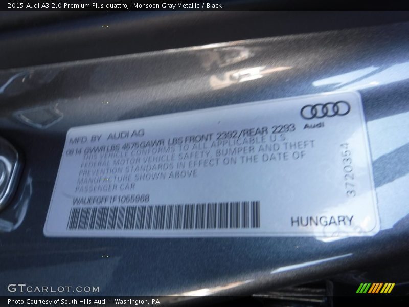 Monsoon Gray Metallic / Black 2015 Audi A3 2.0 Premium Plus quattro