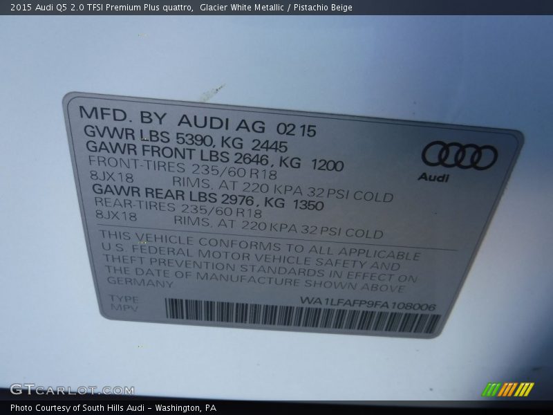 Glacier White Metallic / Pistachio Beige 2015 Audi Q5 2.0 TFSI Premium Plus quattro