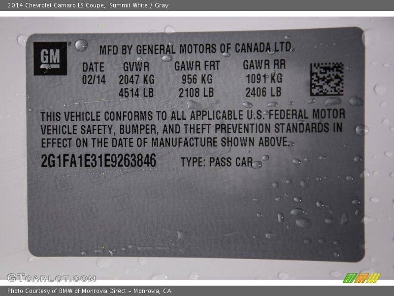 Summit White / Gray 2014 Chevrolet Camaro LS Coupe