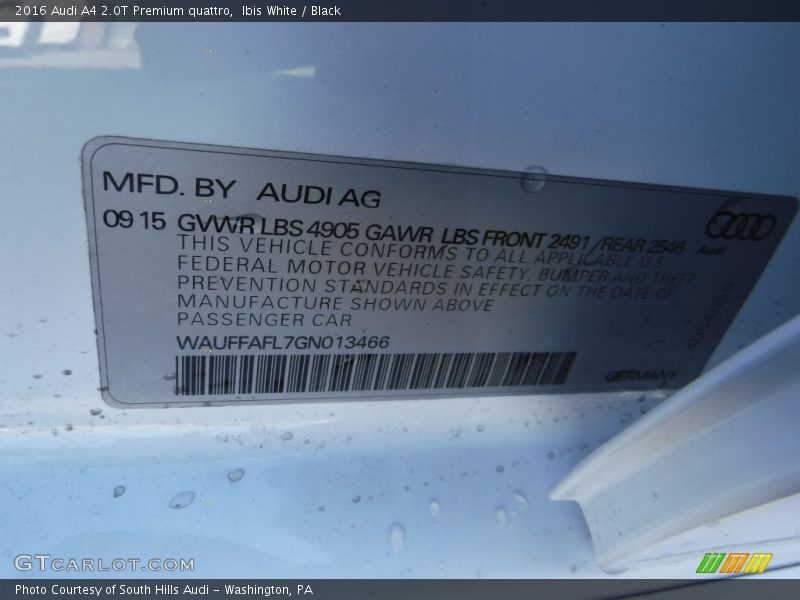 Ibis White / Black 2016 Audi A4 2.0T Premium quattro