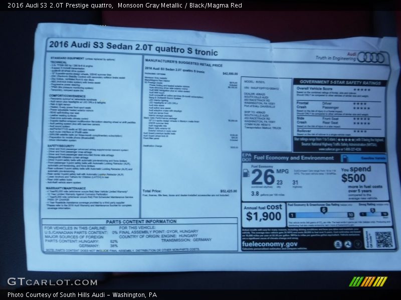 Monsoon Gray Metallic / Black/Magma Red 2016 Audi S3 2.0T Prestige quattro