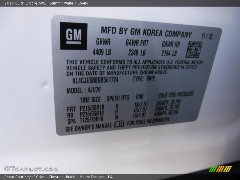 Summit White / Ebony 2016 Buick Encore AWD
