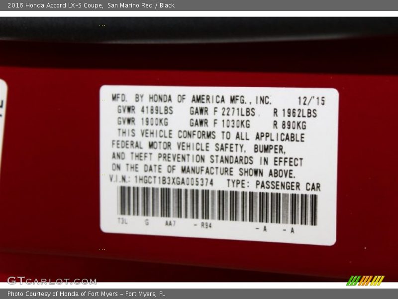 2016 Accord LX-S Coupe San Marino Red Color Code R34