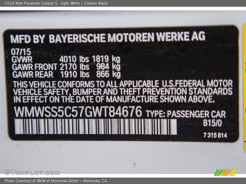2016 Paceman Cooper S Light White Color Code B15