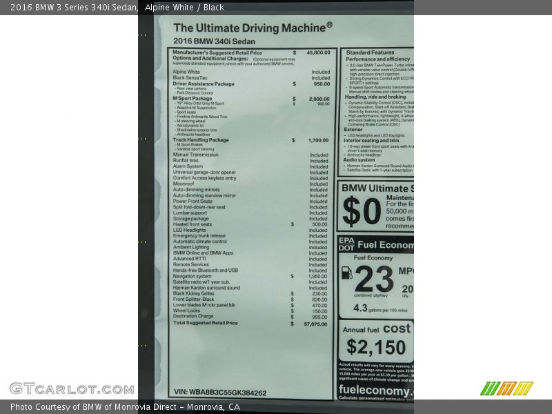 Alpine White / Black 2016 BMW 3 Series 340i Sedan