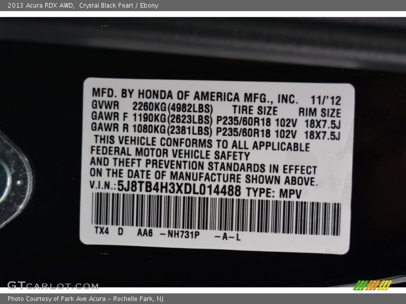 Crystal Black Pearl / Ebony 2013 Acura RDX AWD