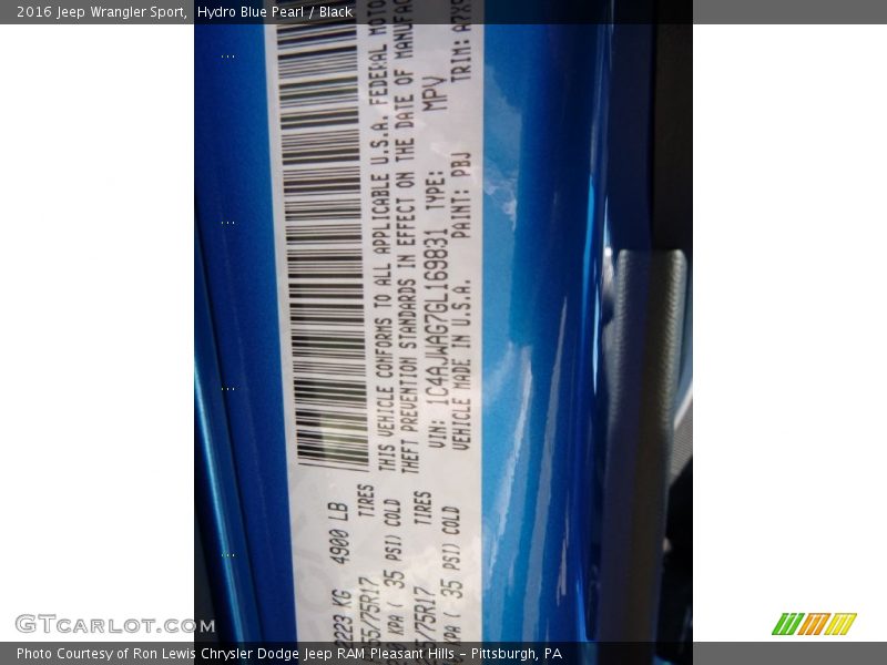 Hydro Blue Pearl / Black 2016 Jeep Wrangler Sport