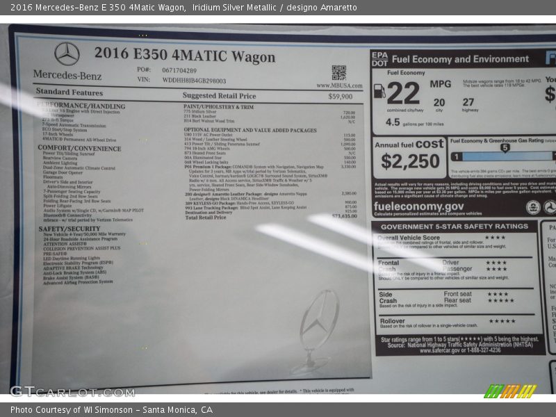  2016 E 350 4Matic Wagon Window Sticker