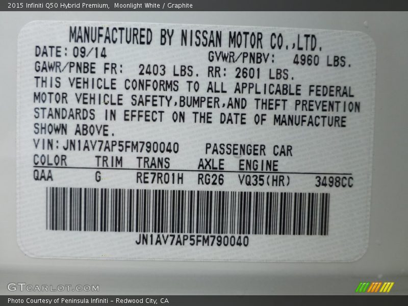 2015 Q50 Hybrid Premium Moonlight White Color Code QAA