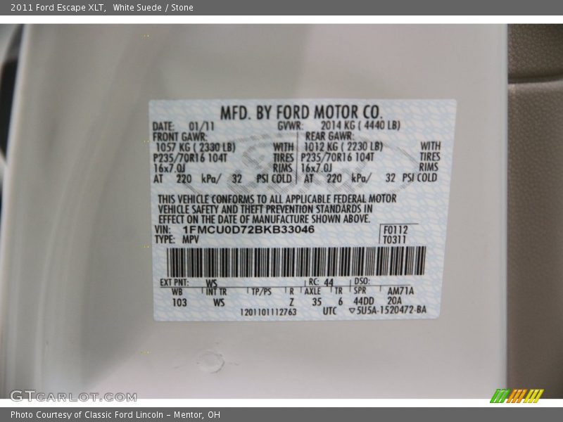 White Suede / Stone 2011 Ford Escape XLT