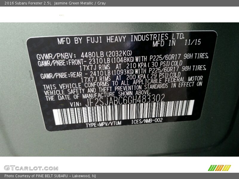 Jasmine Green Metallic / Gray 2016 Subaru Forester 2.5i
