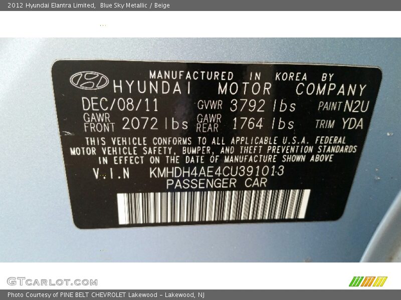 Blue Sky Metallic / Beige 2012 Hyundai Elantra Limited