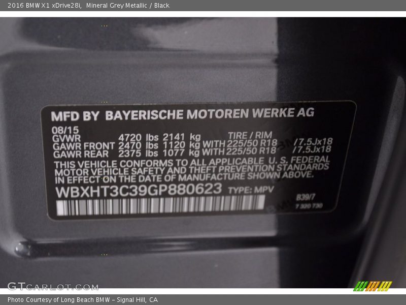Mineral Grey Metallic / Black 2016 BMW X1 xDrive28i