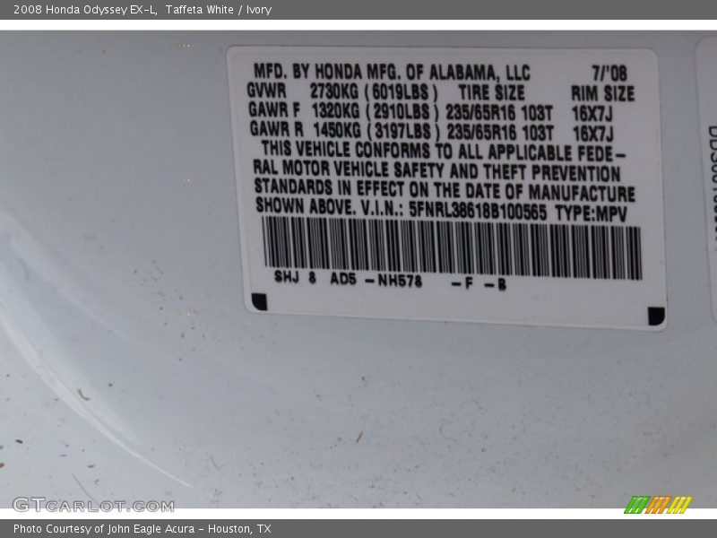 Taffeta White / Ivory 2008 Honda Odyssey EX-L