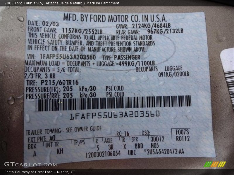 Arizona Beige Metallic / Medium Parchment 2003 Ford Taurus SES