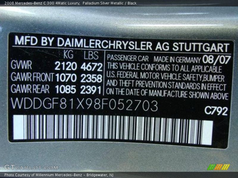 2008 C 300 4Matic Luxury Palladium Silver Metallic Color Code 792